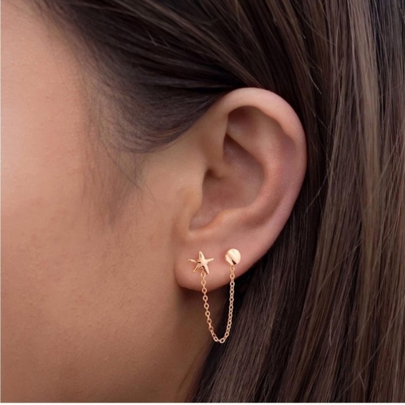 Gold 14k Gold Plated Star Chain Linked Earring Set - Picture 1 of 3